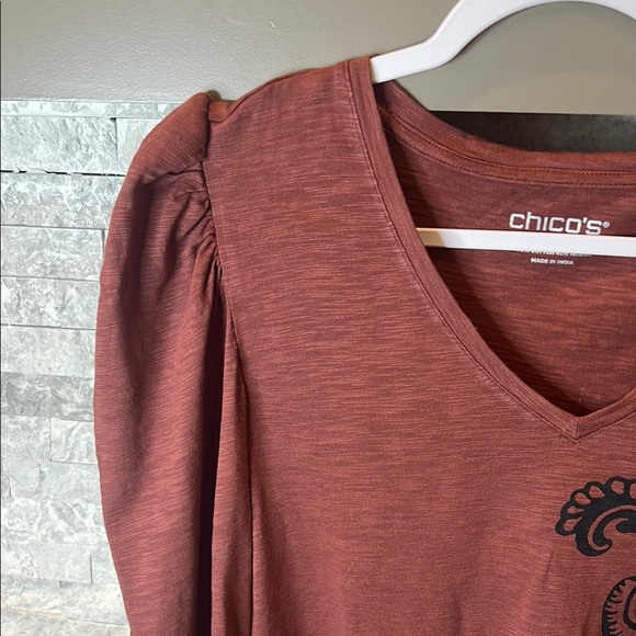 Chico's Cotton Slub Basic Rust Knit V neckline Graphic Blouse size XL /3 - Picture 6 of 11